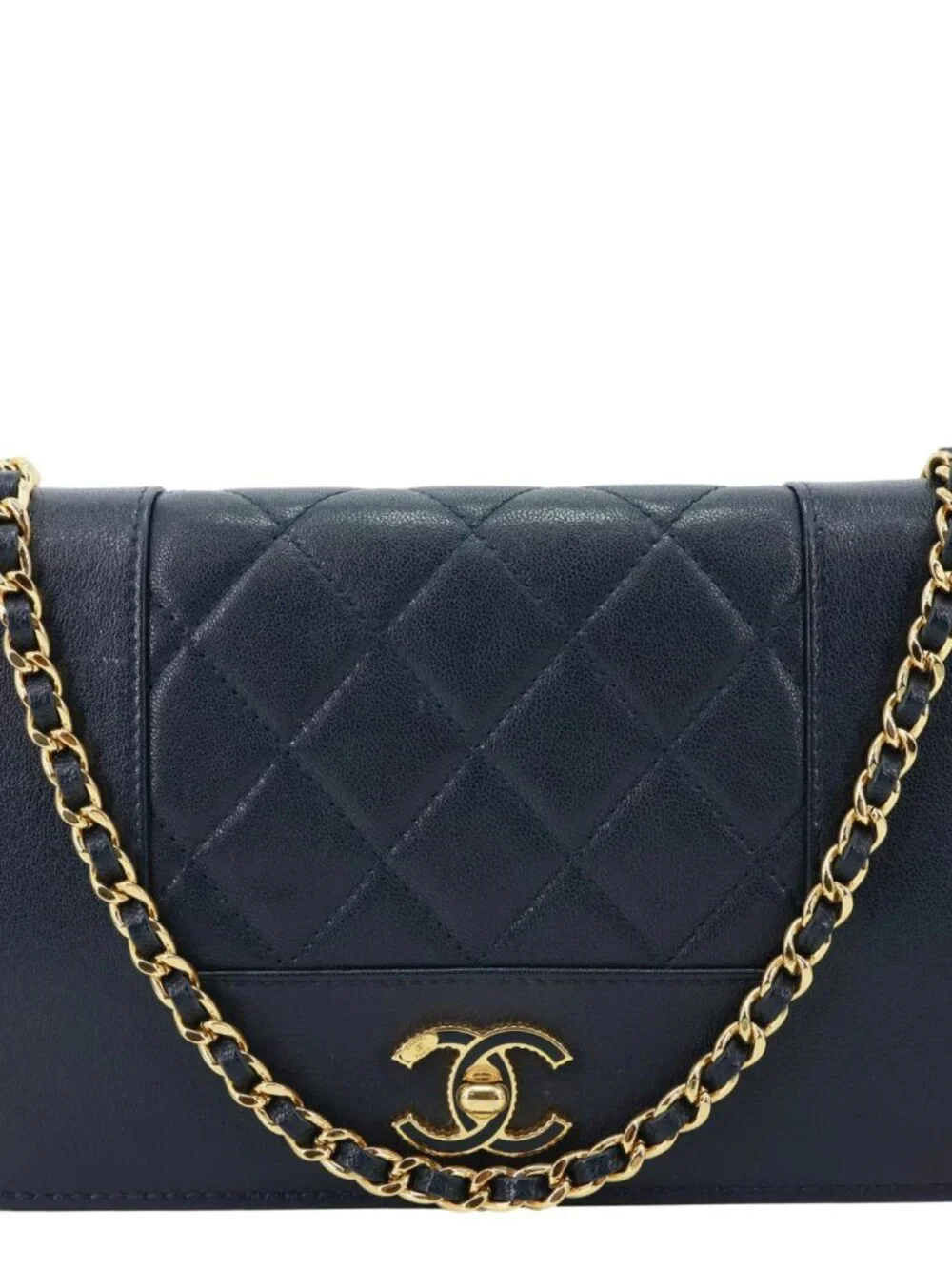 Chanel  Mademoiselle Vintage Flap Quilted Leather Wallet On Chain Navy Blue